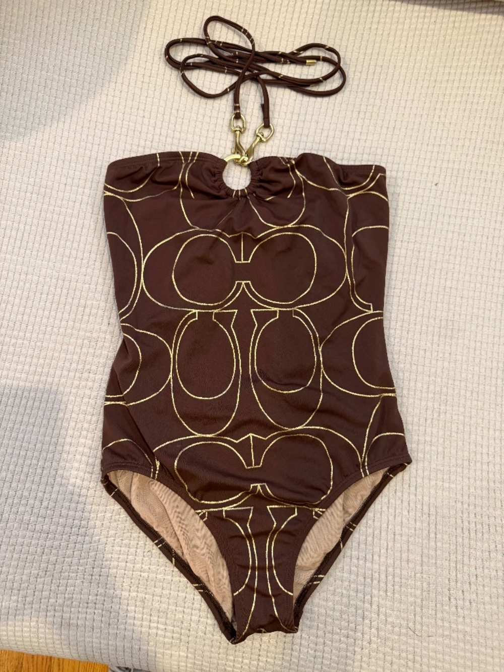 Coach Women's Brown with Gold Logo One Piece Swimsuit - Size Small